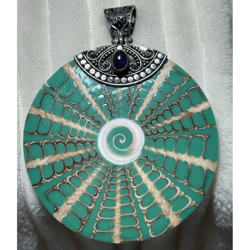 Large Green Hand Painted Shell 925 Sterling Silver w. Purple Stone Disc Pendant